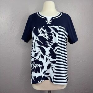 Vtg Alfred Dunner Women med blue white stripe rope lace up Tropical flower